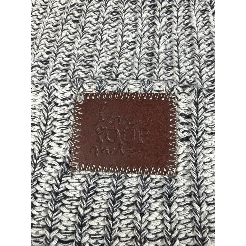 Love Your Melon Beanie Hat Black White Marled Knit Cuffed Leather Patch USA Made - Picture 4 of 6